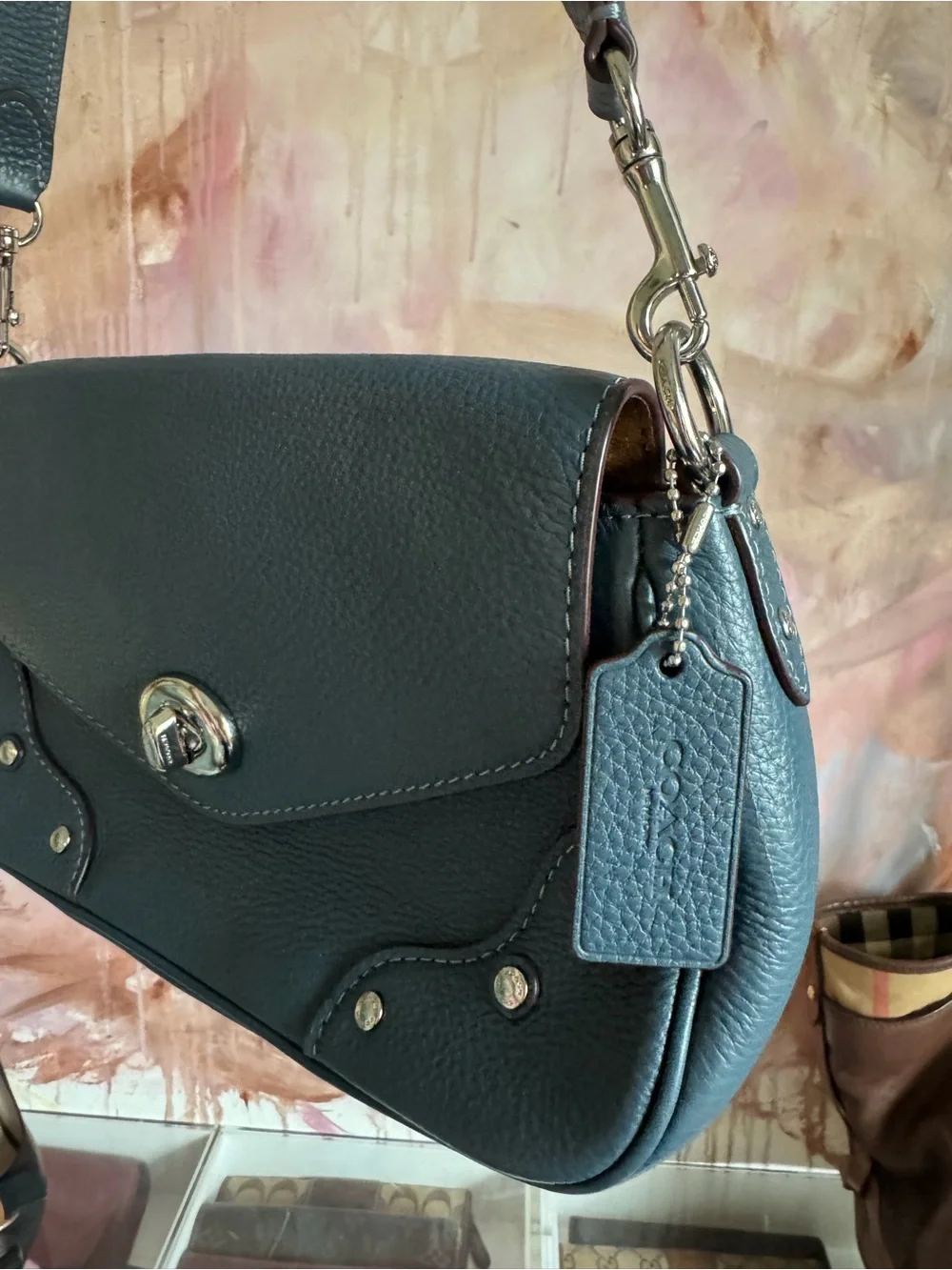 Coach Teal Pebbled Leather Shoulder Bag with Silver Hardware - Picture 2 of 9